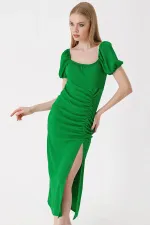 Kadın Koyu Yeşil Yırtmaçlı Yazlık Örme Elbise HZL23S-BD123961