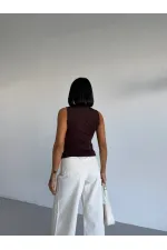 Women's Brown Turtleneck Sleeveless Sandy Crop Blouse HZL26S-FRY123931 Women's Brown Turtleneck Sleeveless Sandy Crop Blouse HZL26S-FRY123931