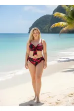 Women's Black and Burgundy Stone Embellished Plus Size Bikini Set HZL25S-LC3337