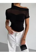 Kadın Siyah Tek Omuz Transparan Tül Detaylı Şık Sandy Bluz HZL26S-FRY123871