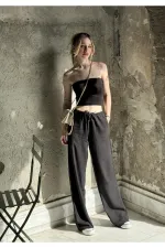 Women's Black Elastic Waist Wide Leg Linen Trousers with Pockets HZL24S-ZK11051