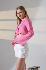 Kadın Pembe Önden Bağlamalı Müslin Kumaş Crop Bluz HZL25S-DSB104071