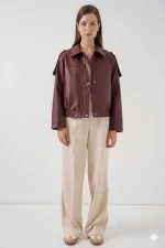 Kadın Bordo Oversize Fermuarlı ve Düğmeli Yandan Cepli Suni Deri Ceket HZL25W-BD110551