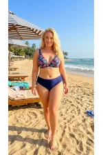 Kadın Lacivert Pembe Paisley Desenli  Astarlı Büyük Beden Bikini Takımı HZL26S-LC3341