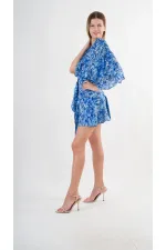 Kadın Mavi Desenli Saten Yüzeyli V Yaka Halka Detaylı Kuşaklı Mini Elbise HZL24S-YY230