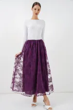 Women's Flock Print Long Tulle Skirt 8070 - Purple
