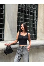 Kadın Siyah Önü Çıt Çıt Kapamalı Crop HZL25S-ZK11671