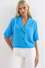 Veste Ayrobin en lin bleu à manches courtes et col châle pour femme, boutonnée, HZL24S-BD107061