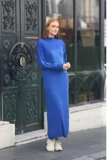Robe longue en maille côtelée bleu saxon pour femme, col zippé, HZL24W-BD1102271