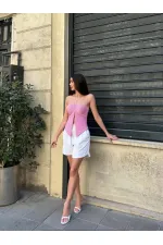 Kadın Pembe Boyundan Bağlamalı Staplez Bluz HZL25S-ZK13581