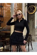 Kadın Siyah Katlı Dantelli Astarlı Mini Etek HZL25W-ZK13481