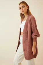 Women's Dusty Rose Hair Knitting Pattern Long Buttoned Casual Cut Knitwear Cardigan HZL23W-BD1100691