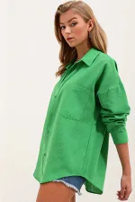 Women's Green Single Pocket Oversize Linen Ayrobin Shirt HZL24S-BD1201531