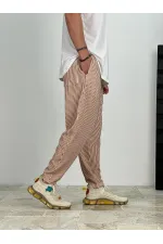 Erkek Taba Beyaz Çizgili Beli İp Bağlamalı Düz Kesim Cepli Pantolon Eşofman Altı HZL24S-MXC8948-179