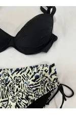 Kadın Siyah Taş İşlemeli Bej Desenli Astarlı Büyük Beden Bikini Takımı HZL25S-LC3351