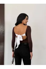 Kadın Kahverengi Sırtı Açık Fiyonk Bağlamalı Uzun Kol Bluz HZL25W-FRY123661