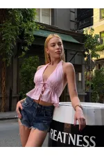 Chemisier dos nu en lin rose pour femme HZL24S-ZK11081