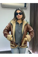 Kadın Taba Içi Kürklü Önden Fermuarlı Suni Deri Mont HZL24W-BRC181001