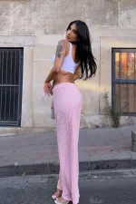 Kadın Pembe Beli Lastikli Rahat Kesim Bürümcük Pantolon HZL25S-DSB163631