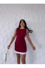 Kadın Bordo Beyaz Pileli İthal Dooble Kumaş Kolsuz Mini Elbise HZL25S-FRY122961