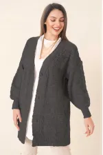 Cardigan long boutonné coupe décontractée en tricot pour femme, cheveux gris, modèle HZL23W-BD1100691