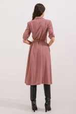 Kadın Gül Kurusu Gizli Cepli Kuşaklı Viskon Gömlek Elbise HZL24S-BD124421