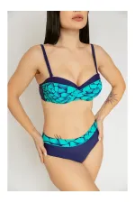 Women's Green Navy Blue Patterned Lined Bikini Set HZL25S-LC25143