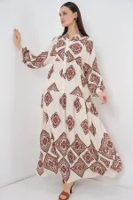 Kadın Desenli Uzun Tesettür Elbise 2585 - Ekru Kahve