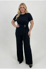 Women's Black Plus Size Modal Fabric Top and Bottom Set with Gold Buckle Detail HZL26S-ZSS111291 Women's Black Plus Size Modal Fabric Top and Bottom Set with Gold Buckle Detail HZL26S-ZSS111291