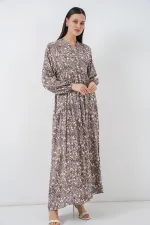 Kadın Desenli Uzun Tesettür Elbise 2585 - E. Kahve