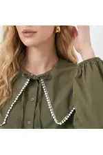 Kadın Haki Bebe Yaka Düğmeli Şık Günlük Gömlek HZL26S-BD1203141