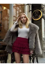 Kadın Bordo Katlı Dantelli Astarlı Mini Etek HZL25W-ZK13481