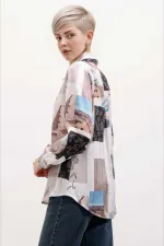 Kadın Açık Bej Desenli Hafif Dökümlü Saten Yüzeyli Gömlek HZL24S-BD1202441