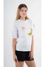 Women's White Yellow Banana House Printed Crew Neck T-Shirt HZL24S-YY302