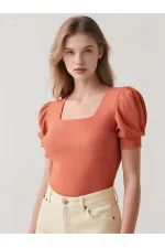 Kadın Gül Kurusu Kare Yaka Örme Bluz HZL22W-BD104091