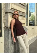 Kadın Kahverengi Boyundan Bağlamalı Gofre Kumaş Bluz HZL25S-ZK13631