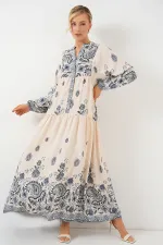 2423 Otantik Desenli Tesettür Elbise - Lacivert 12