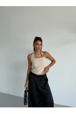 Kadın Bej Ottoman Kumaş Halter Yaka Toka Detay Bluz HZL26W-FRY123321