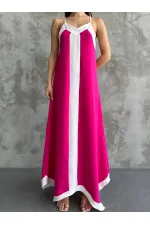 Kadın Pembe Beyaz Detaylı Asimetrik Kesim V Yaka Ayarlanabilir İp Askılı Elbise HZL24S-MJ113041