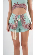 Kadın Su Yeşili Etnik Desenli Beli Kuşaklı Bluz Şort İkili Takım HZL24S-YY261