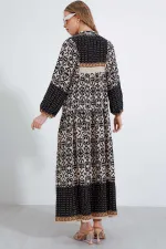 Kadın Siyah Bej Desenli Bileği Lastikli Düğmeli Uzun Viskon Elbise HZL24S-BD124231