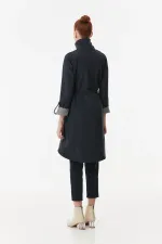 Trench-coat long bleu marine pour femme, doublé et froncé, avec poches et détails à la taille, HZL23W-BD158081