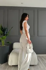 Kadın Beyaz Cepli Beli Lastikli Bol Paça Keten Pantolon HZL24S-ZK11051