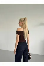 Women's Brown Green Side Draped Boat Neck Sandy Blouse HZL25S-FRY123201