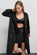Trench-coat décontracté noir à double boutonnage pour femme, non doublé, avec ceinture, HZL22S-BD158531