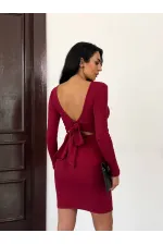 Kadın Bordo Uzun Kollu İp Bağlamalı Sırt Dekolteli Kaşkorse Mini Elbise HZL25W-FRY120411