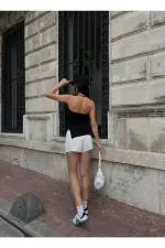 Kadın Siyah Yanı Büzgülü Çift Yırtmaçlı Straplez Bluz HZL24S-ZK13091