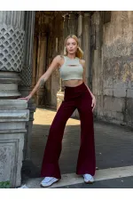 Kadın Bordo Yüksel Bel Kemer Detaylı İspanyol Paça Pantolon HZL25W-ZK11481