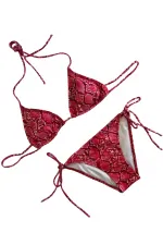 Kadın Kırmızı Yılan Derisi Desen Boyundan İp Bağlamalı Üçgen Bikini Takımı HZL25S-LC5005