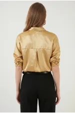 Kadın Gold Hafif Dökümlü Saten Yüzeyli Gömlek HZL22W-BD139641